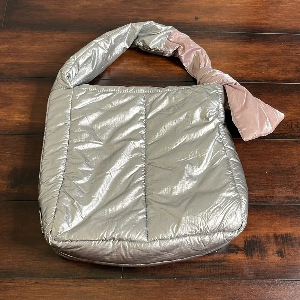 caraa Metallic Silver Puffer Hobo with Dusty Pink Knot Handle